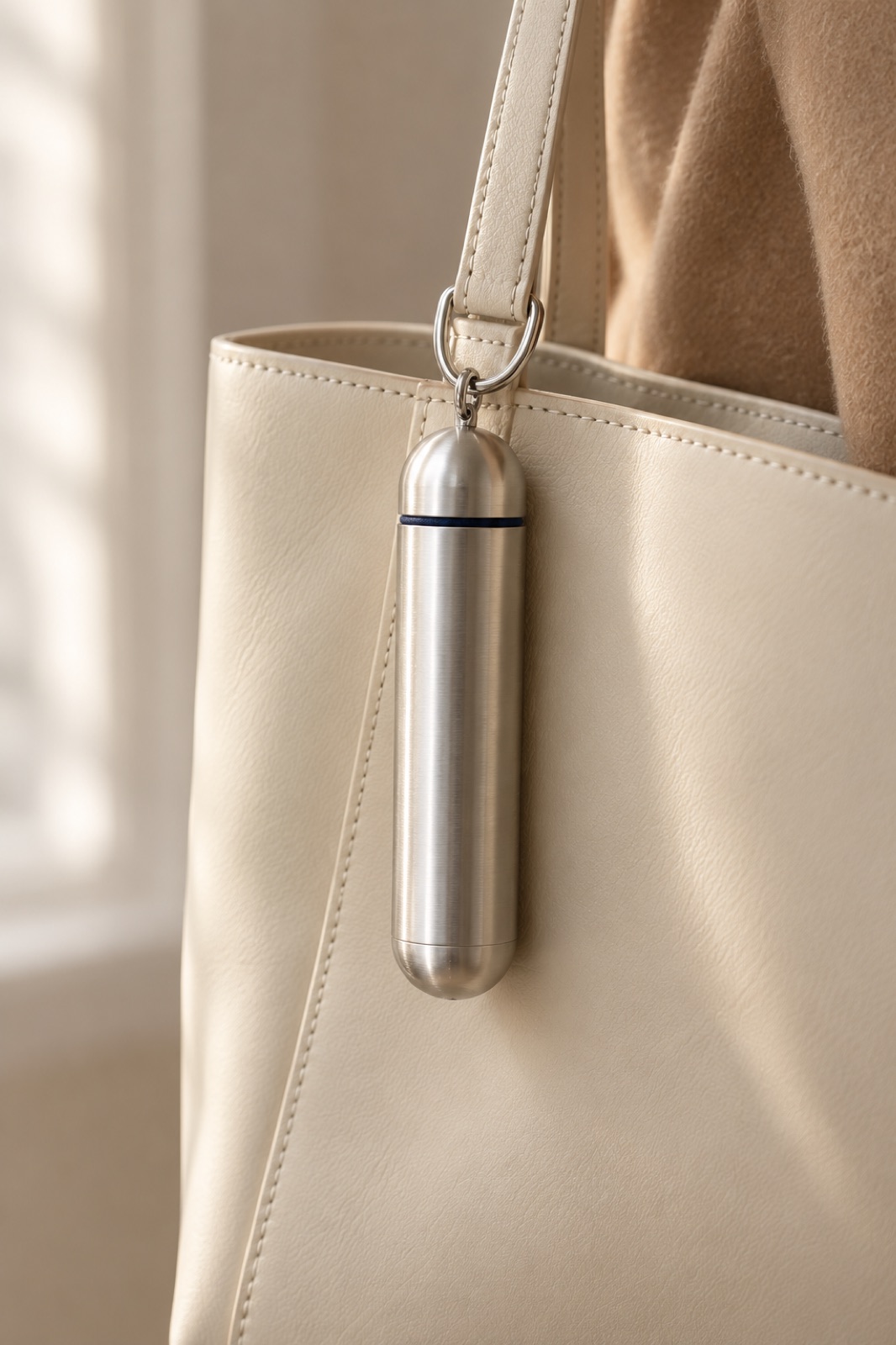 Silver umbrella capsule clipped to the strap of a cream leather tote