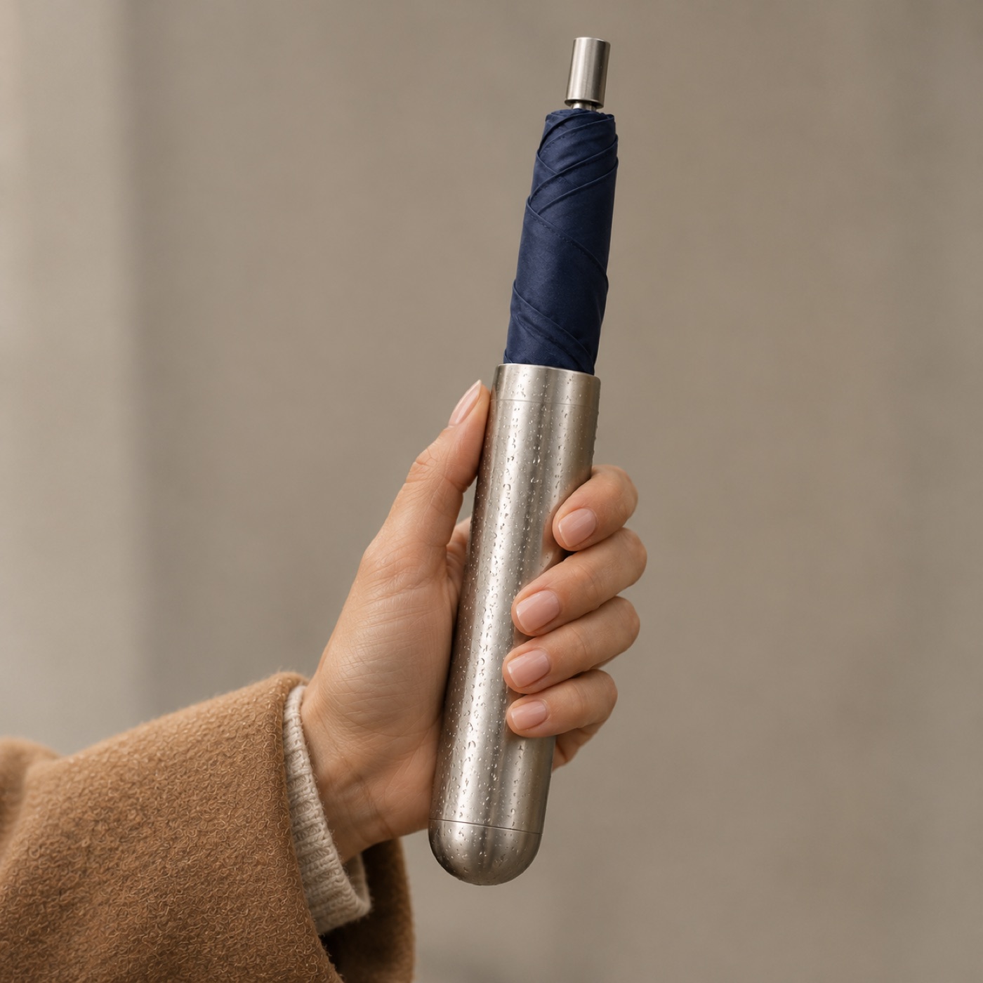 Hand holding the silver handle as a slim navy roll of canopy slides out of the top