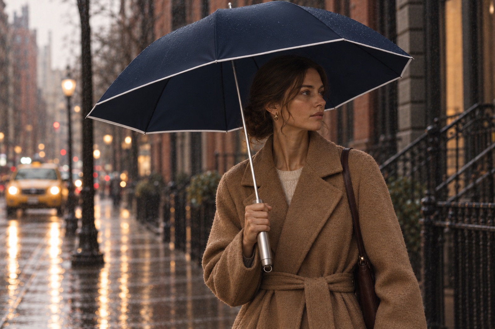 Woman in a camel coat on a rainy SoHo street holding a navy umbrella with a white satin-stitched edge