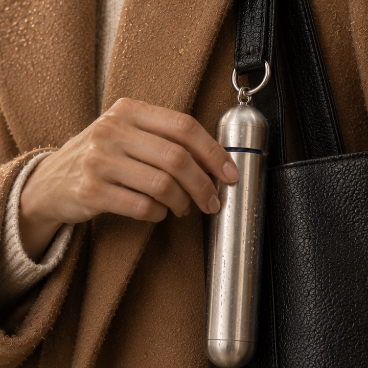 Hand resting on the closed silver capsule hanging from a black work tote