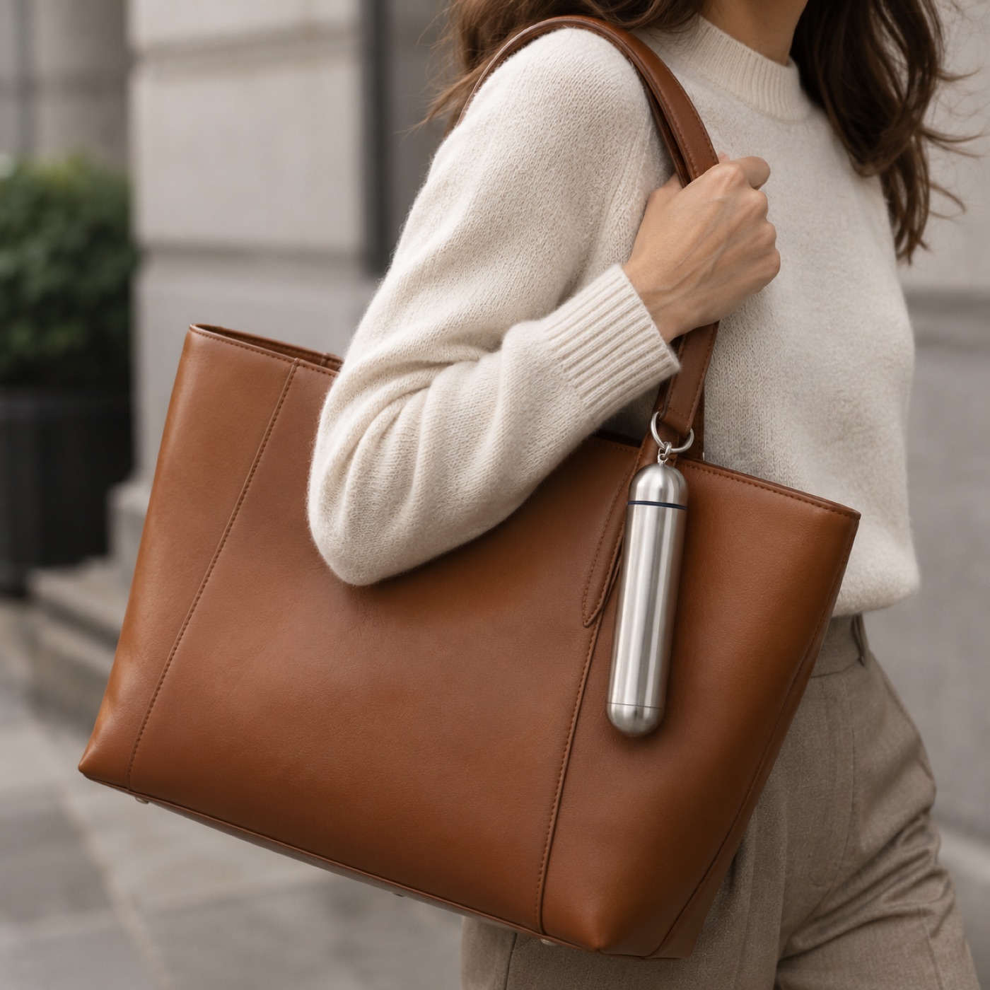 Closed silver capsule clipped to the strap of a cognac leather work tote